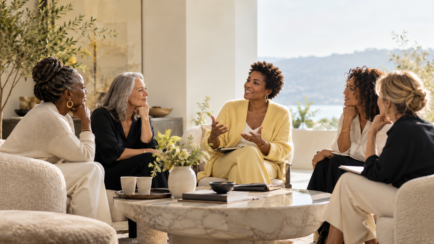 A small group of experienced women in a business coaching conversation