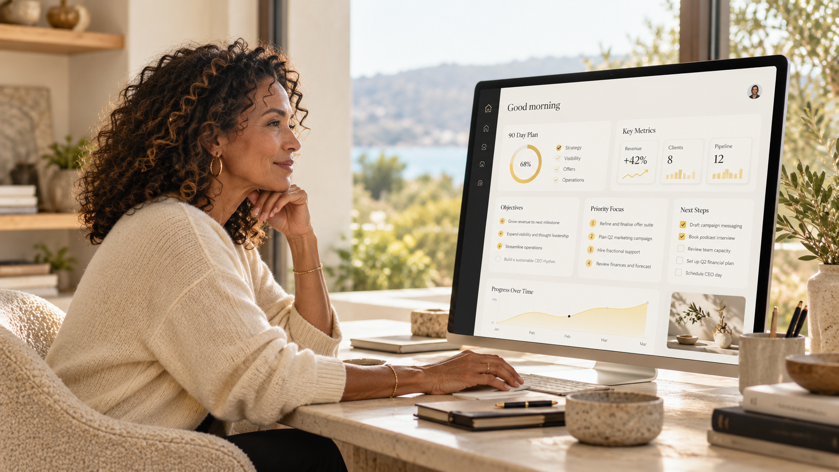 An experienced woman reviewing a 90-day business plan and performance dashboard